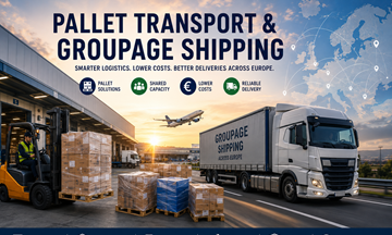 European pallet transport and groupage shipping with logistics trucks warehouses pallets and freight operations