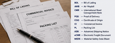 Freight shipping documents invoices bills of lading and international logistics abbreviations for import export operations